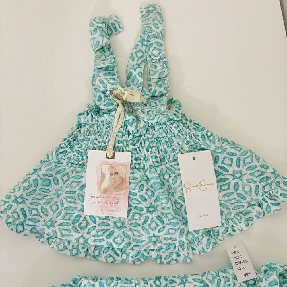 Jessica Simpson Baby Girls 2 Pc Summer Shorts aqua white Set size 3/6 months new